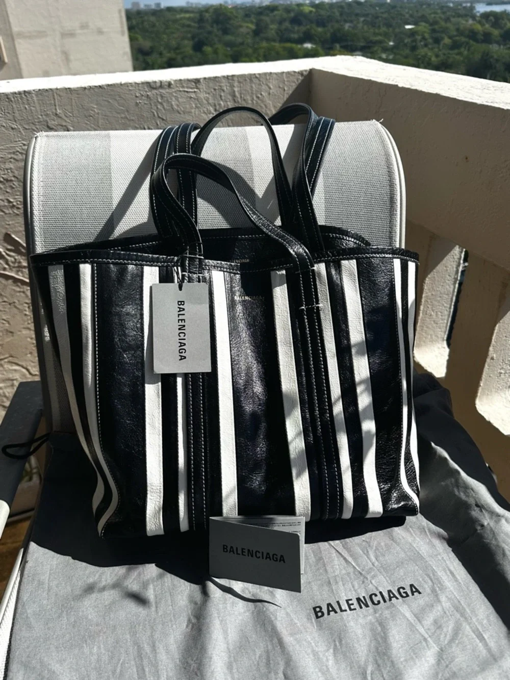 Balenciaga Barbes East-West Shopper Tote Black White Striped Leather Bag - Picture 3 of 16